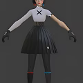 Game Movie Character in White Top With Black X Symbol Black Pleated Skirt Gloves