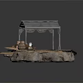 Rustic Outdoor Stall With Gray Roof Wooden Platform Stone Base And Clay Pots