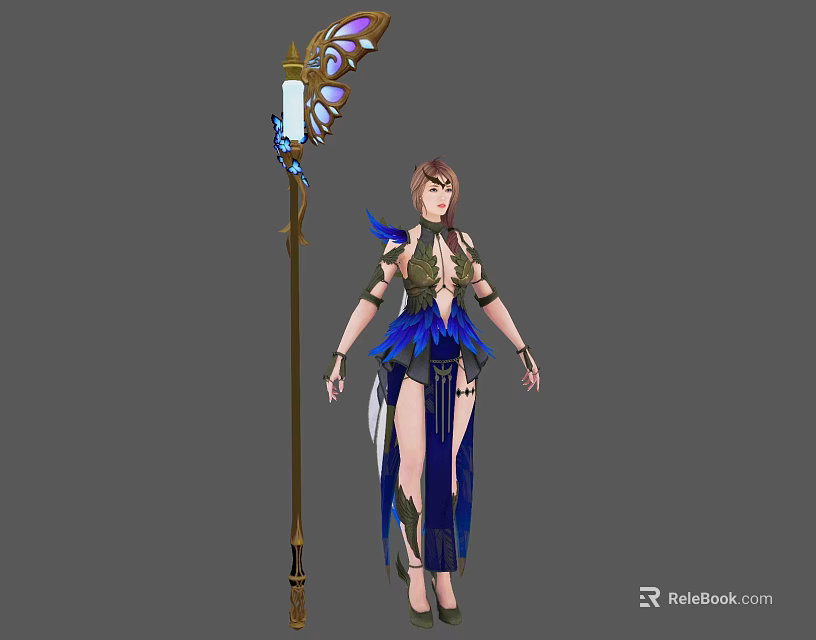 Fantasy Female Character Wearing Blue Attire Holding Butterfly Themed Staff With Wings 3d model 