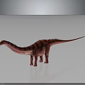 Red Dinosaur With Long Neck Tail And Black Stripes Standing On Grey Background With Reflection