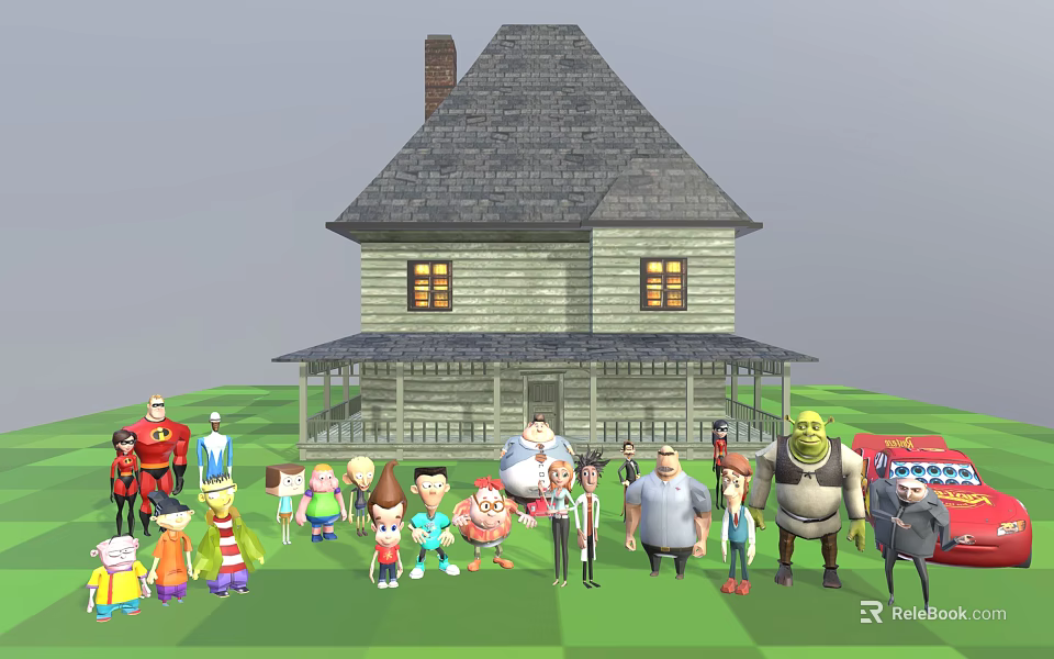 Cartoon Characters Standing in Front of Classic House with Green Lawn and Group Gathering 3d model 
