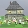 Cartoon Characters Standing in Front of Classic House with Green Lawn and Group Gathering