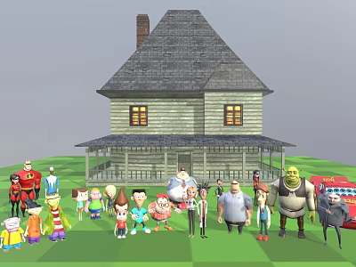 Cartoon Characters Standing in Front of Classic House with Green Lawn and Group Gathering 3d model