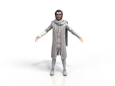 Man In Gray Robe With Cloak And Knitted Details Standing With Arms Outstretched 3d model