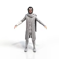 Man In Gray Robe With Cloak And Knitted Details Standing With Arms Outstretched