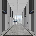 Modern Elevator Lobby With Elevator Doors Large Glass Windows Marble Flooring And City View 3d model