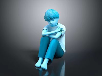 Blue Haired Humanoid Creature Character Sitting Hugging Knees On Reflective Gray Floor 3d model