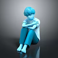 Blue Haired Humanoid Creature Character Sitting Hugging Knees On Reflective Gray Floor