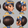 Cartoon Female Character Wearing Blue And Yellow Jumpsuit With Goggles Tool Belt Three Standing Views