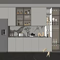 Modern Kitchen Interior Wine Cabinet With Glass Doors LED Lighting And Marble Backsplash