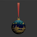 Blue Sweater With Christmas Ornament Pattern Gold Moon Stars Trees Red Ribbon