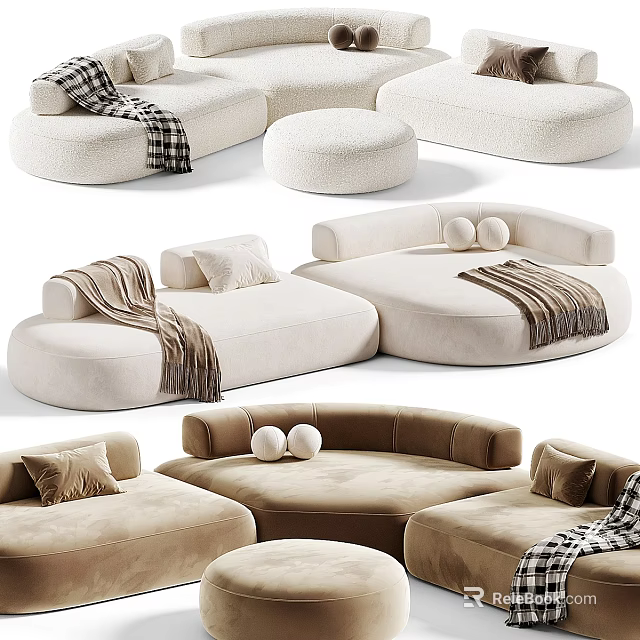 Plush Beige Sectional Sofa With Soft Throw Blankets Decorative Pillows And Curved Modular Design 3d model 