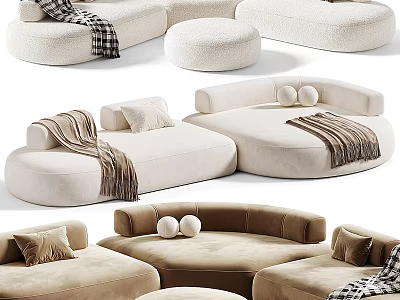 Plush Beige Sectional Sofa With Soft Throw Blankets Decorative Pillows And Curved Modular Design 3d model