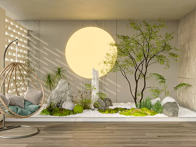 Garden Decorative Scene With Wicker Swing Chair Moon Decoration Small Tree Stones And Moss 3d model