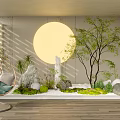 Garden Decorative Scene With Wicker Swing Chair Moon Decoration Small Tree Stones And Moss