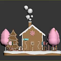 Gingerbread House With Colorful Candy Roof Chimney Smoke Pink Trees Candy Canes And Snowy Base
