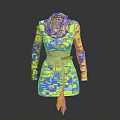 Vibrant Long Sleeve Yellow Blue Printed Coat With Waist Belt And Fringe Detail