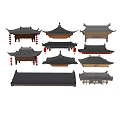 Traditional Chinese Architectural Components Featuring Various Roof Structures And Wooden Frames 3d model