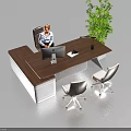 Wooden Office Desk with Computer Monitor Green Plant and Two Chairs in Modern Workspace