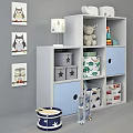 Stylish Decorative Cabinet with Star Storage Boxes Stuffed Toys Owl Wall Art and Small Lamp