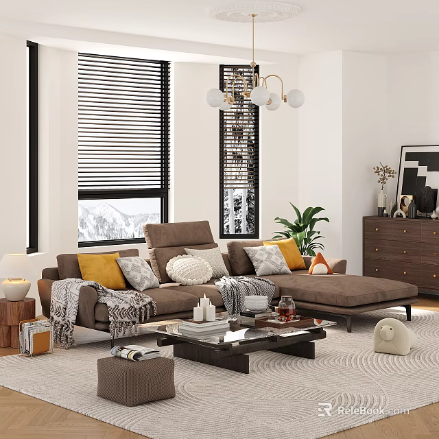 Cozy Living Room With Brown Sofa Yellow White Cushions Throw Blanket And Snowy Mountain View 3d model 