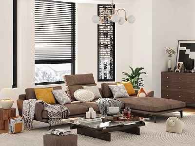 Cozy Living Room With Brown Sofa Yellow White Cushions Throw Blanket And Snowy Mountain View 3d model