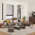 Cozy Living Room With Brown Sofa Yellow White Cushions Throw Blanket And Snowy Mountain View