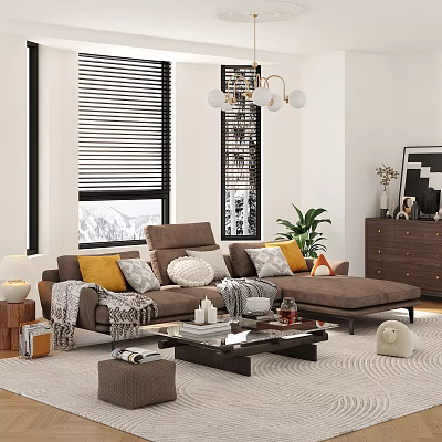 Cozy Living Room With Brown Sofa Yellow White Cushions Throw Blanket And Snowy Mountain View 3d model