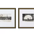 Vintage Eiffel Tower Cityscape Wall Art with Black Frames and Gold Trim 3d model