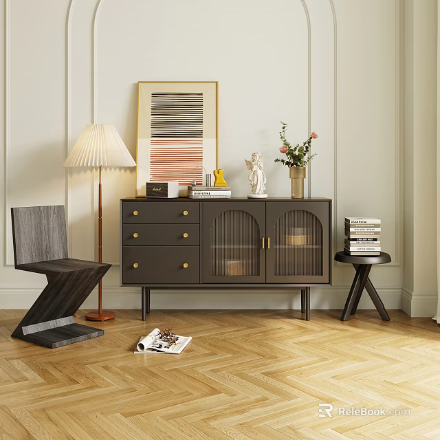 Dark Wooden Sideboard With Drawers Glass Doors Floor Lamp Wall Art And Herringbone Wooden Floor 3d model 