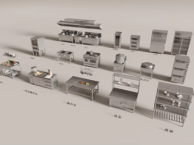 Essential Commercial Kitchen Equipment With Stoves Worktables Cabinets And Storage Shelves 3d model