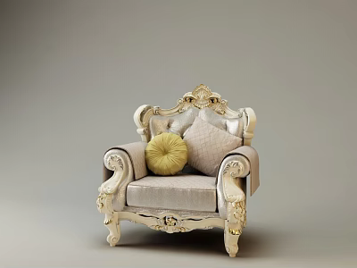 Ornate Classic Single Sofa With Carved Details Light Upholstery Yellow Round Pillow And Diamond Cushion 3d model