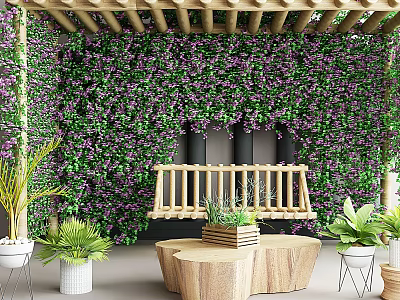 Lush Green Vines With Purple Flowers Covering Wooden Pergola And Bench With Potted Plants 3d model