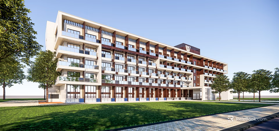 Modern Multi Storey Hotel Building With Balconies White Brown Facade Green Lawn And Trees 3d model 