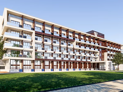 Modern Multi Storey Hotel Building With Balconies White Brown Facade Green Lawn And Trees 3d model
