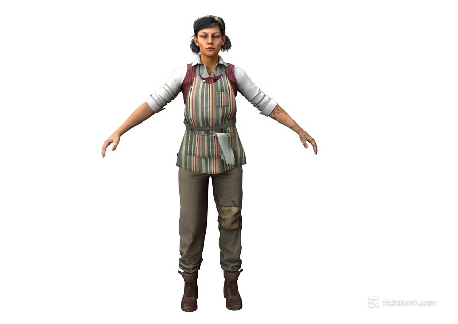 Woman In Striped Apron White Top Brown Pants Boots And Headscarf With Arms Outstretched 3d model 