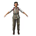 Woman In Striped Apron White Top Brown Pants Boots And Headscarf With Arms Outstretched
