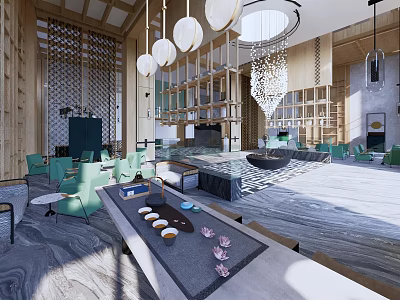 Elegant Hotel Lobby With Wooden Structure Hanging Chandeliers Green Chairs And Marble Floor 3d model