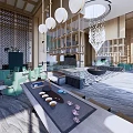 Elegant Hotel Lobby With Wooden Structure Hanging Chandeliers Green Chairs And Marble Floor