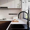 Modern Kitchen Interior With White And Dark Wood Cabinets Large Window And Green Landscape Appliances