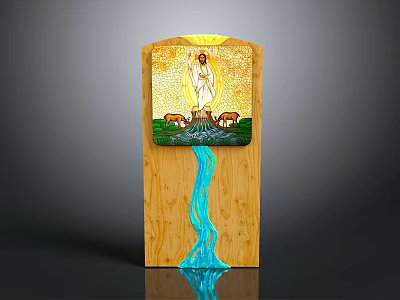 Hand Carved Wooden Sculpture Featuring Central Figure Animals And Flowing Water Design 3d model