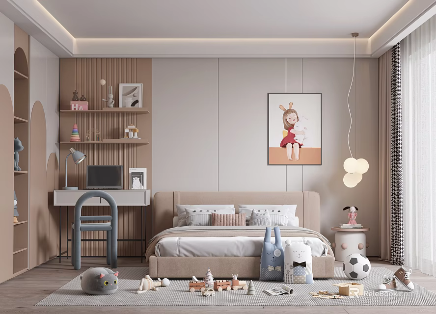 Kids Room Interior Design With Cozy Bed Desk Computer Wall Painting And Toys 3d model 