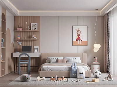 Kids Room Interior Design With Cozy Bed Desk Computer Wall Painting And Toys 3d model