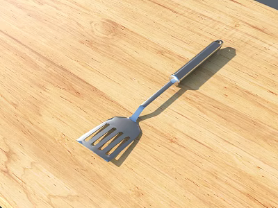 Stainless Steel Kitchen Spatula With Ergonomic Handle On Wooden Tabletop For Cooking Tasks 3d model