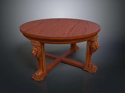 Classic Wooden Dining Table With Round Tabletop And Lion Head Carved Cross Legs 3d model