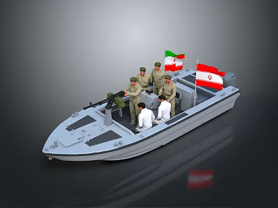 Military Patrol Boat With Military Personnel And Iranian Flag On Deck 3d model