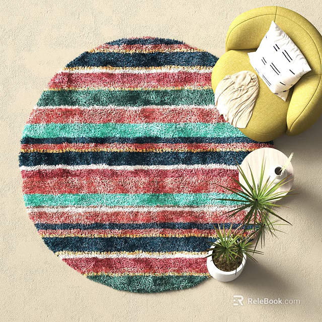 Colorful Striped Round Rug with Yellow Chair White Pillow and Plant in Cozy Living Space 3d model 