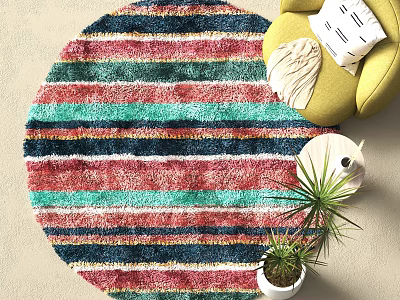 Colorful Striped Round Rug with Yellow Chair White Pillow and Plant in Cozy Living Space 3d model
