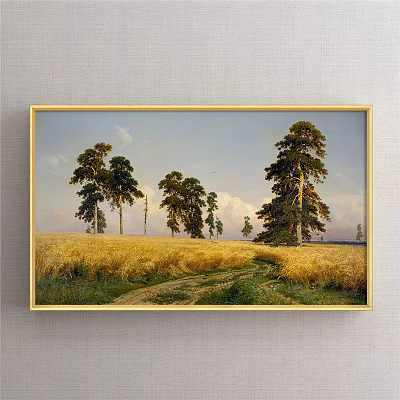 Beautiful Rural Landscape Painting With Golden Wheat Field Tall Trees And Dirt Path 3d model
