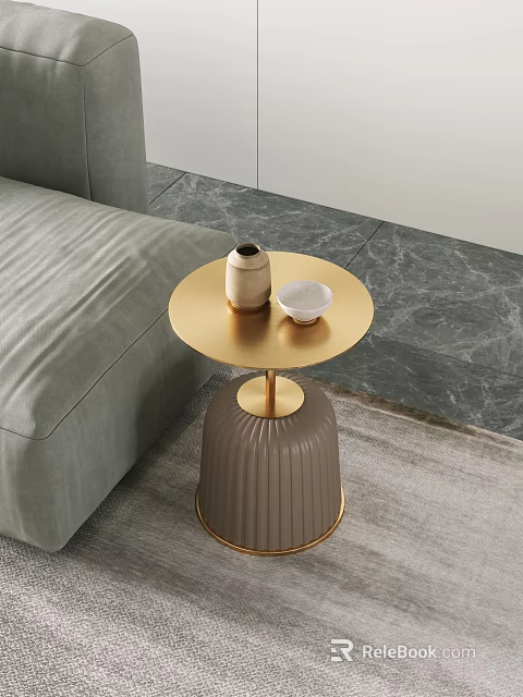 Modern Round Side Table With Golden Tabletop And Ribbed Brown Base By Grey Sofa 3d model
